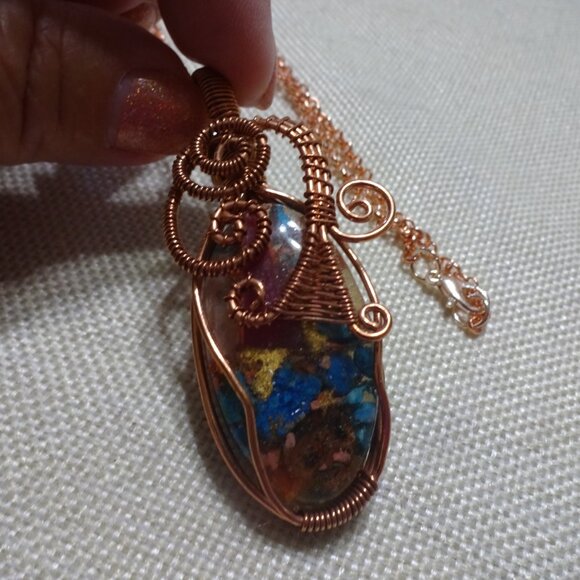 Rustic OYSTER TURQUOISE Handmade COPPER WIRE-WRAPPED Pendant/Chain #389C - Picture 2 of 3